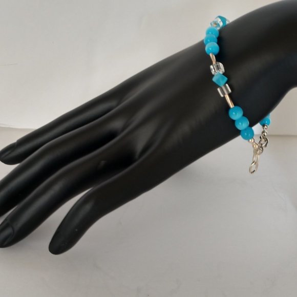 Aqua Blue Beaded Bracelet with Banded Agate Beads Handmade 8 inches - Picture 11 of 16